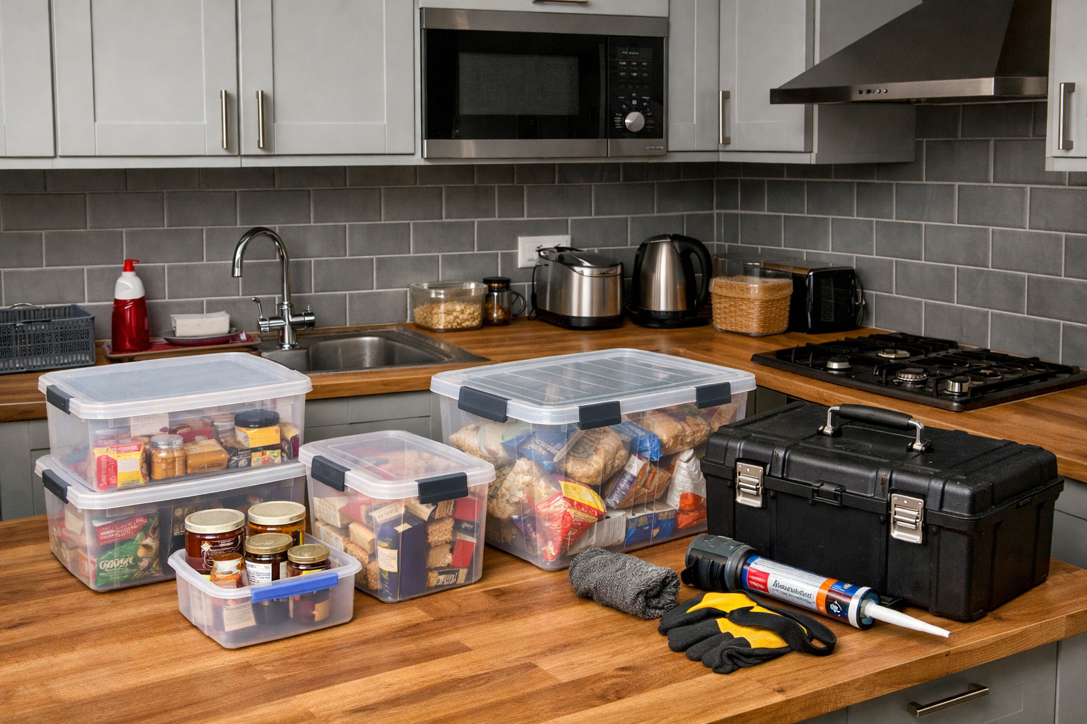 Alt text: Kitchen prepared for emergency rat proofing visit in Rainhill with food sealed away
