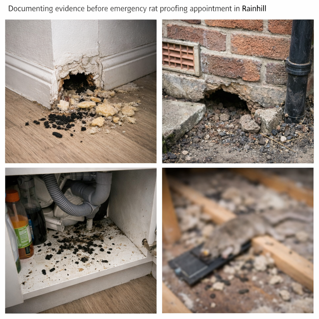 Documenting evidence before emergency rat proofing appointment in Rainhill
