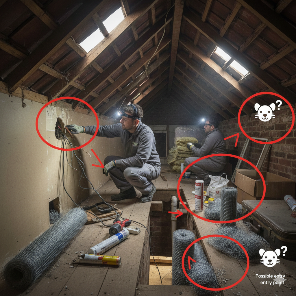 Identifying rat entry points in loft during emergency rat proofing in Rainhill
