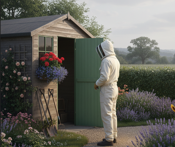 Man inspecting shed for wasp nest